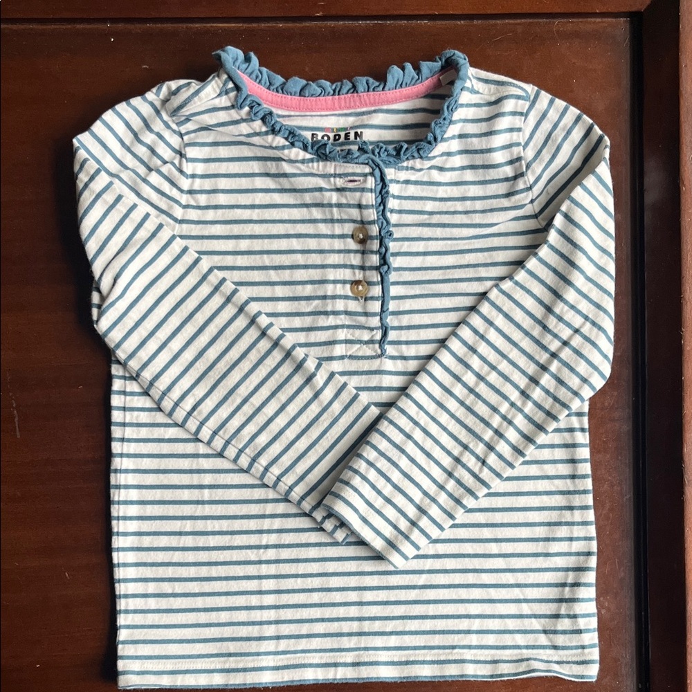 Mini Boden Girls' White and Blue Striped Ruffle Henley Top